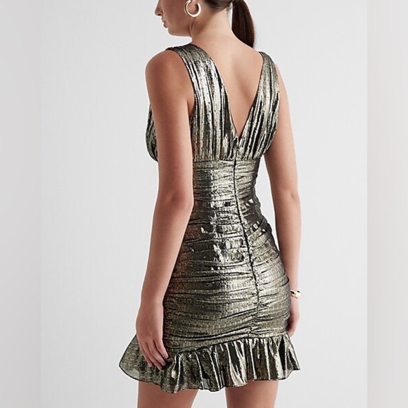 Metallic Silk V-Neck Ruched Ruffle Mini Dress - Picture 4 of 14